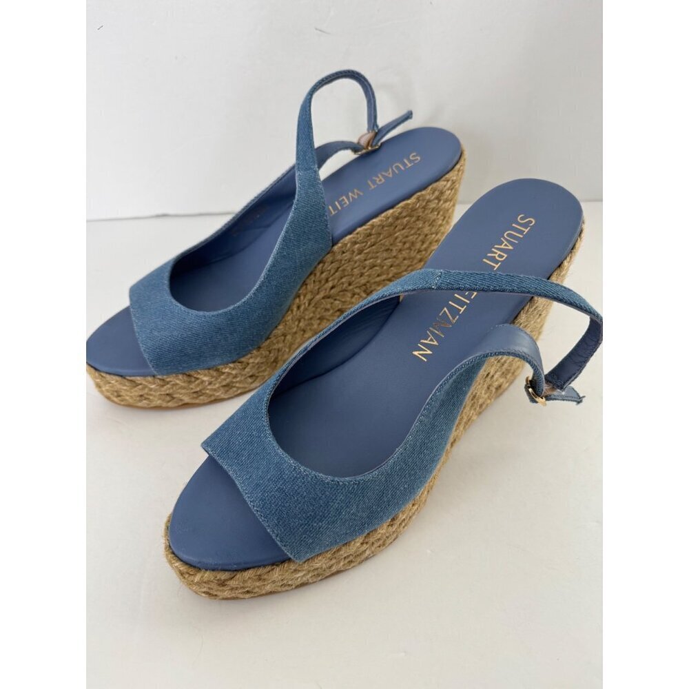 Stuart Weitzman Island Espadrille Wedge Sandal Peep Toe Jute & Denim Size 11 - Picture 7 of 9